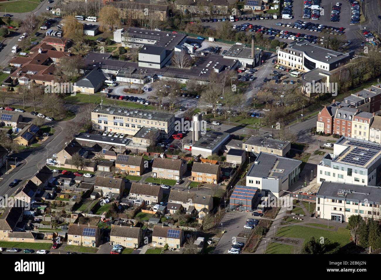 aerial view of Witney, showing the Community Hospital, police station & Abingdon & Witney College (just on right) Stock Photo