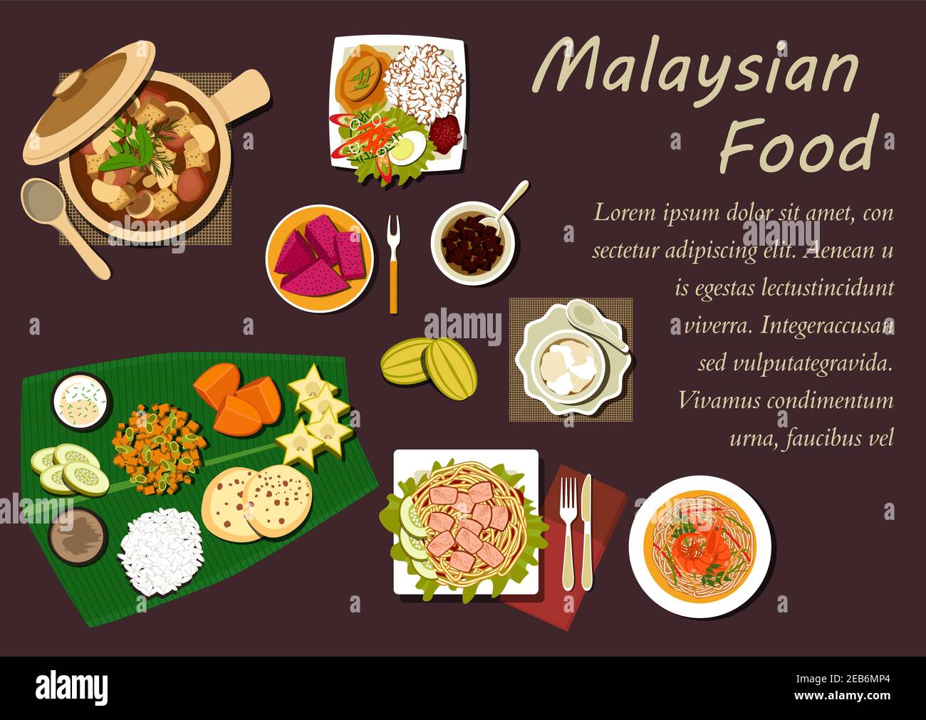 Malaysian cuisine with nasi lemak rice, prawn noodle, tofu noodle with curry, pork stew with mushrooms and tofu, passion fruit, carambola, mango, pine Stock Vector