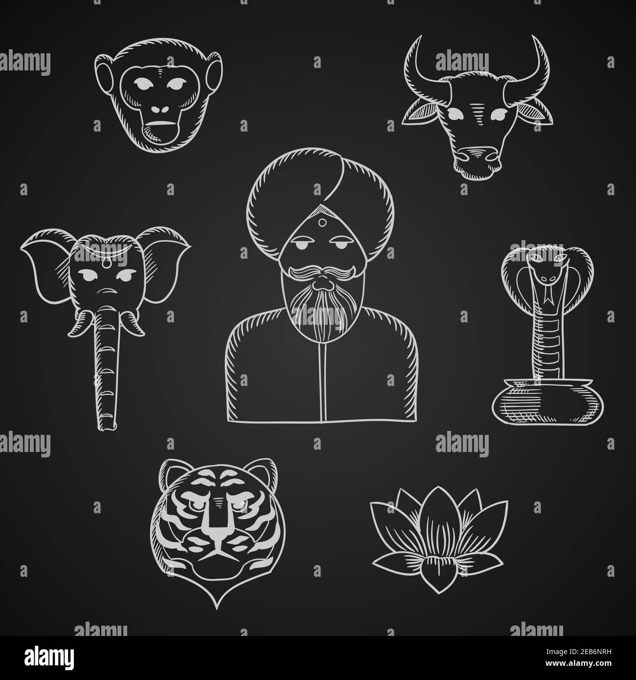 Indian animals of worship and national symbols in chalk style with indian man in turban, holy cow and elephant, cobra, monkey, tiger and lotus on blac Stock Vector