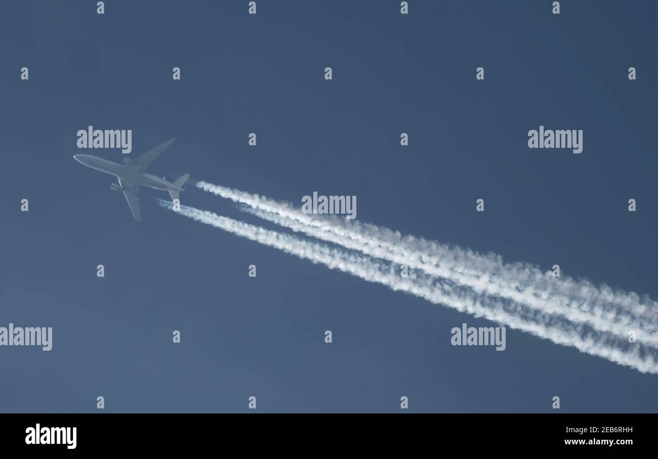 London, UK. 12 February 2021. Air traffic over London during the Covid-19 pandemic. Lufthansa Cargo McDonnell Douglas MD-11F flight from Chicago to Frankfurt at 34,900ft overflying London, UK. Credit: Malcolm Park/Alamy Stock Photo