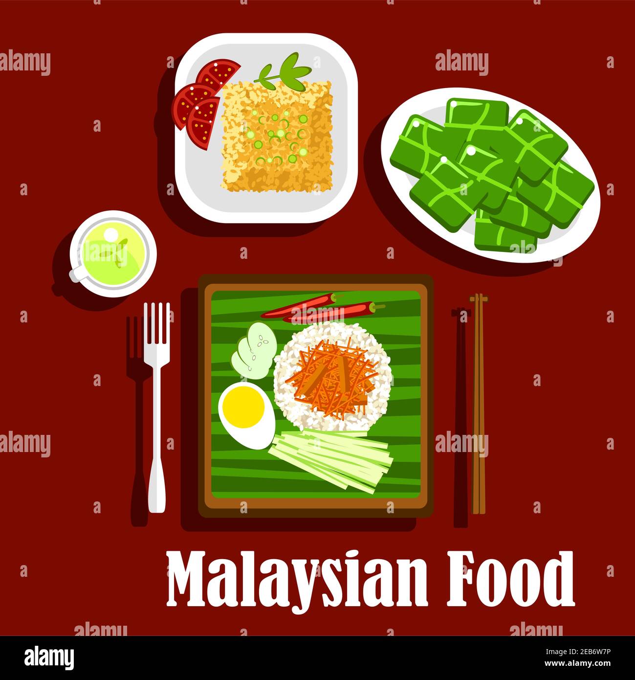 Malaysian cuisine rice dishes with fragrant rice nasi lemak with boiled egg, lamb curry, cucumbers, and chilli, fried rice with tomatoes and green tea Stock Vector