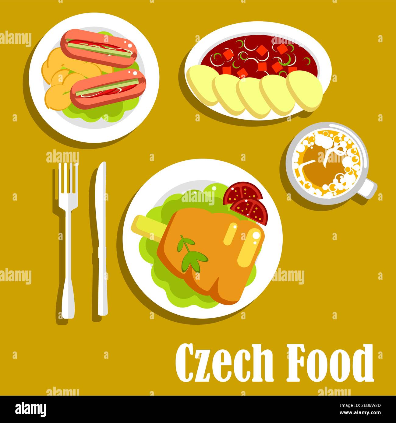 Meat dishes and drink of czech cuisine. Tomato soup with beef and dumplings, roast pork knee on lettuce, pickled sausages, stuffed with pickles, serve Stock Vector