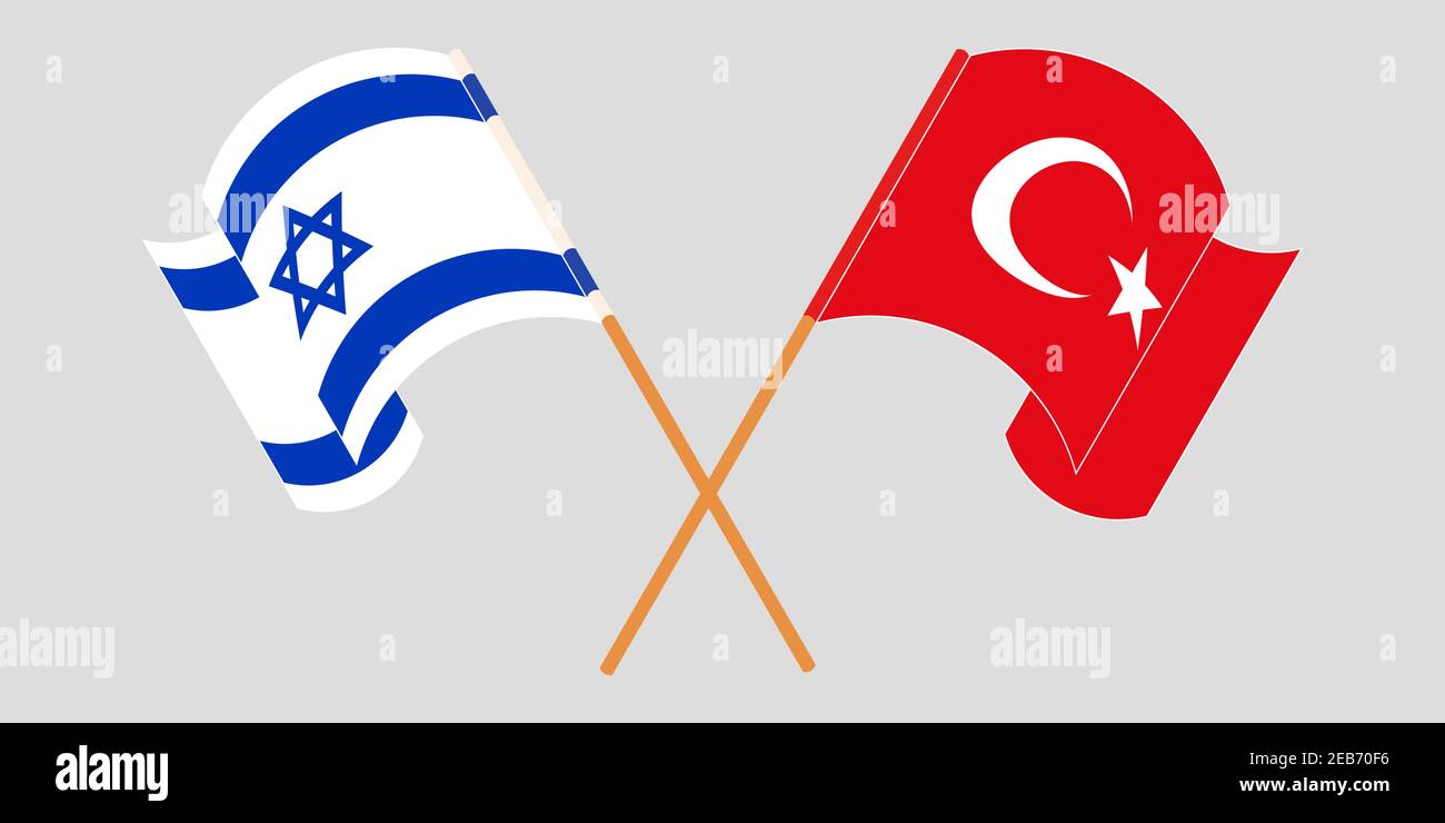 Crossed and waving flags of Israel and Turkey. Vector illustration Stock Vector