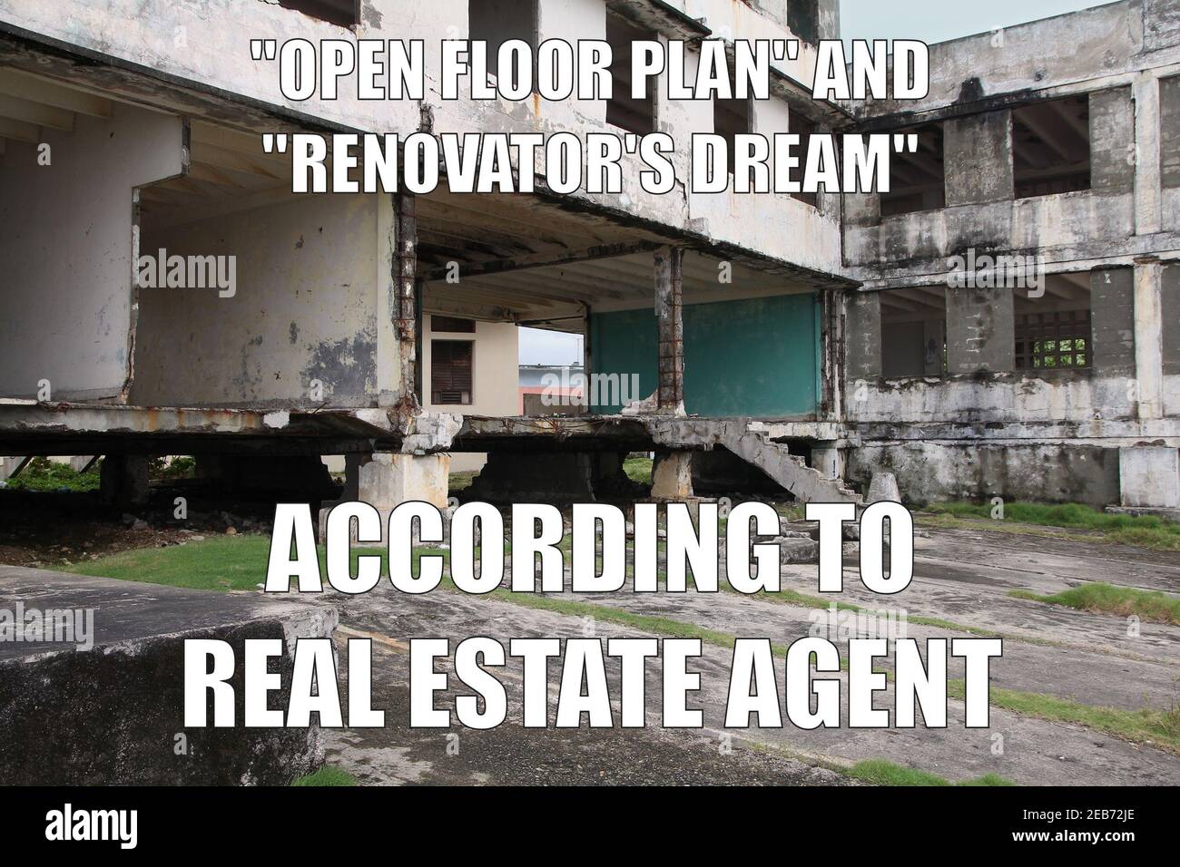 Real estate funny meme for social media sharing. Real estate agency ad  language euphemisms Stock Photo - Alamy