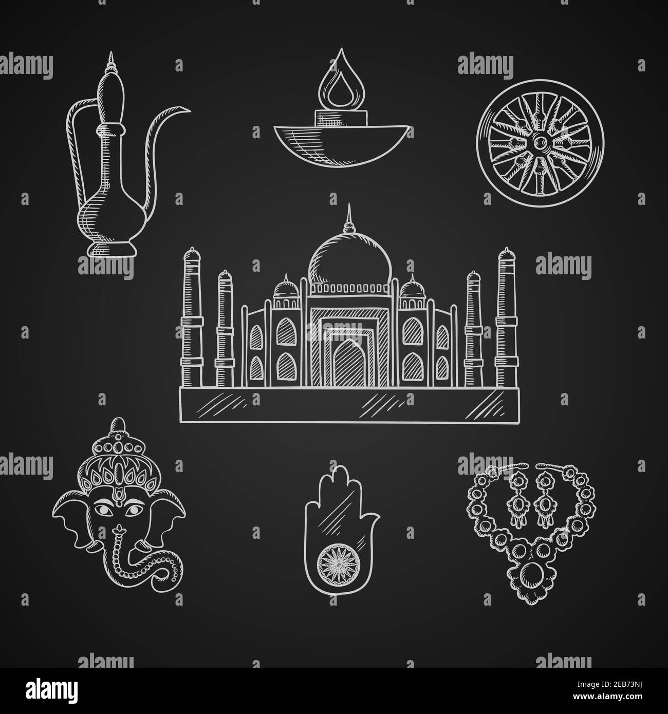 Indian religion and culture symbols with Ganesha God, ashoka Chakra wheel and hamsa hand amulet, brass teapot and ethnic jewelry, Diwali lamp and Taj Stock Vector