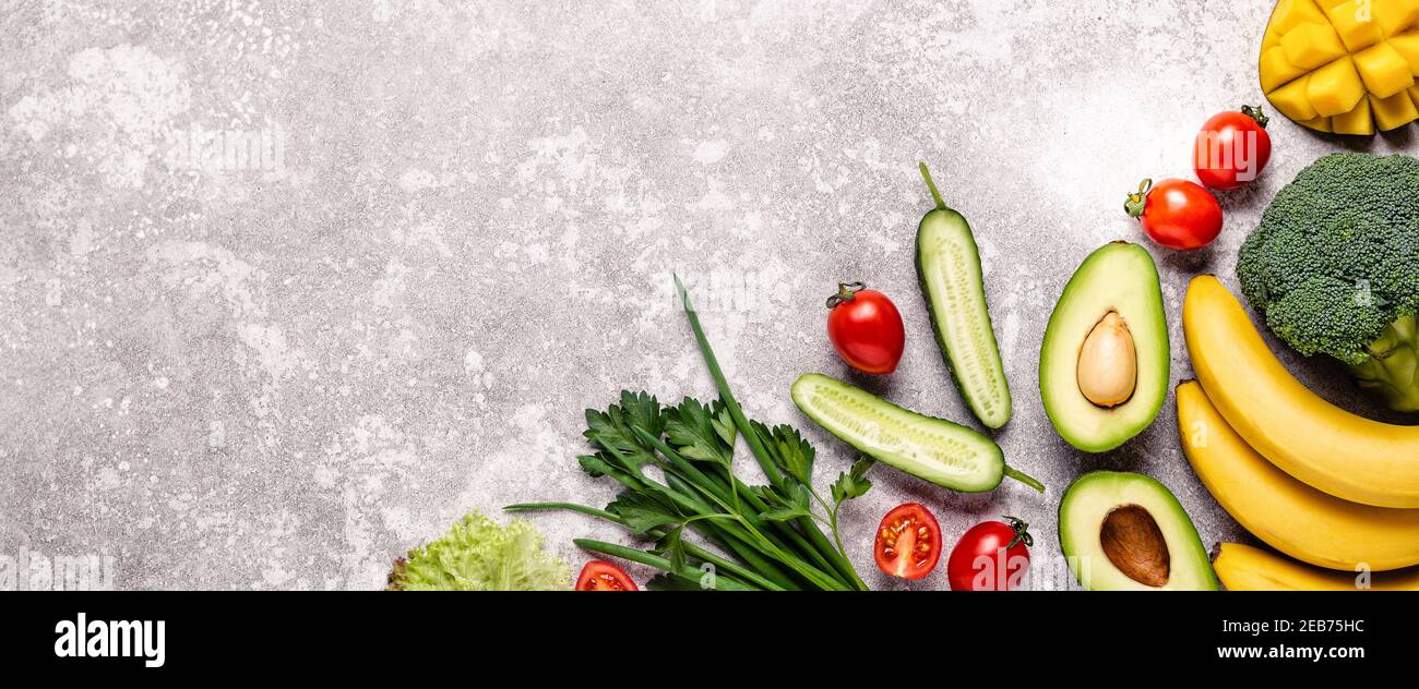 Healthy vegetables and fruits background with copy space Stock Photo ...