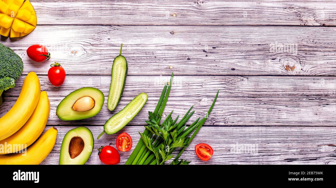Healthy vegetables and fruits background with copy space Stock Photo ...