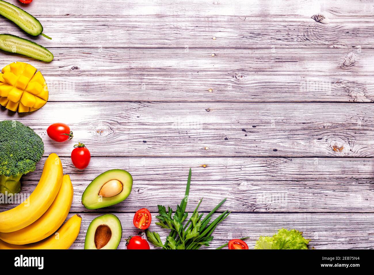 Healthy vegetables and fruits background with copy space Stock Photo ...