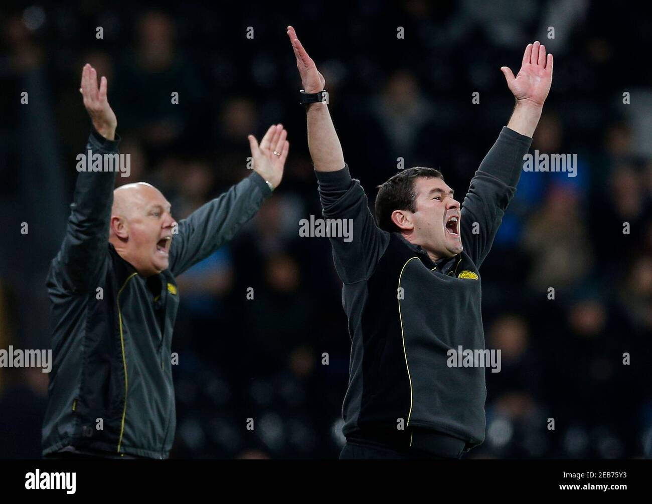 Britain Football Soccer - Derby County v Burton Albion - Sky Bet  Championship - Pride Park - 21/2/17 Burton Albion's manager Nigel Clough and  coach Andy Garner react Mandatory Credit: Action Images /