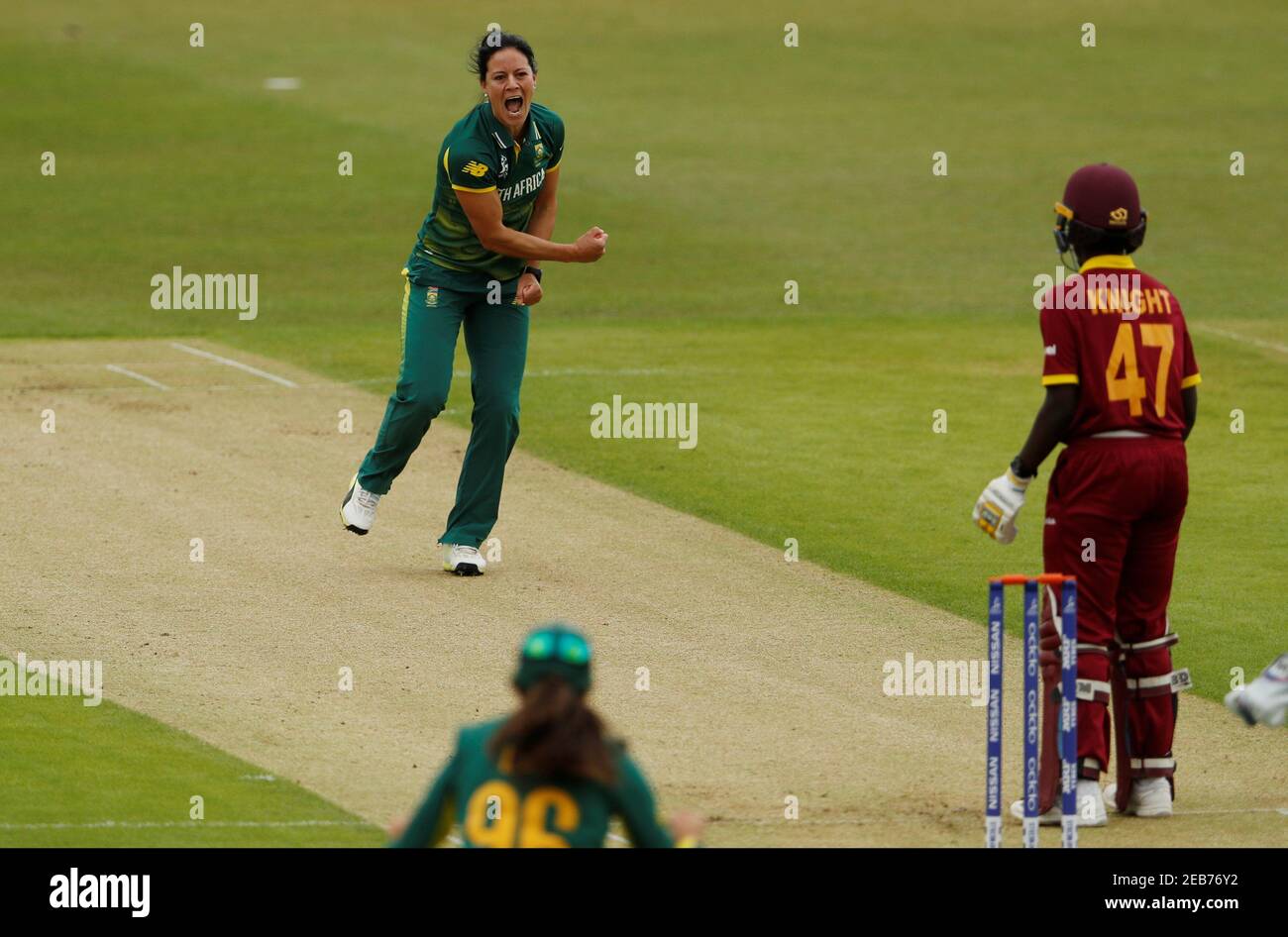 Cricket - South Africa vs West Indies - Women's Cricket World Cup - Leicester, Britain - July 2, 2017   South Africa's Marizanne Kapp celebrates the wicket of West Indies' Kyshona Knight   Action Images via Reuters/Lee Smith Stock Photo