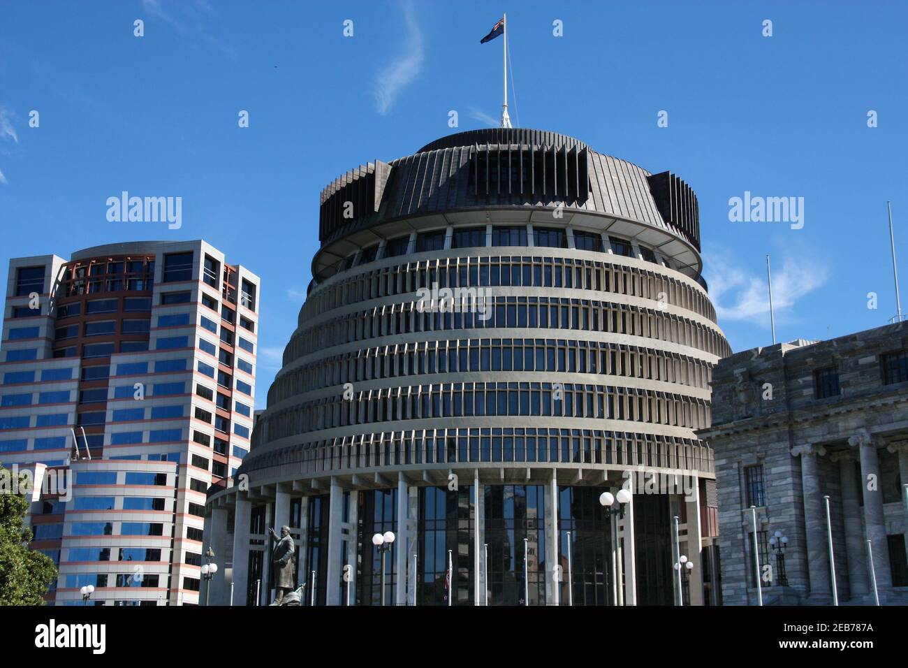 WELLINGTON, NEW ZEALAND - MARCH 7, 2009: Exterior view of New Zealand Parliament building in Wellington. The structure is informally known as the Beeh Stock Photo