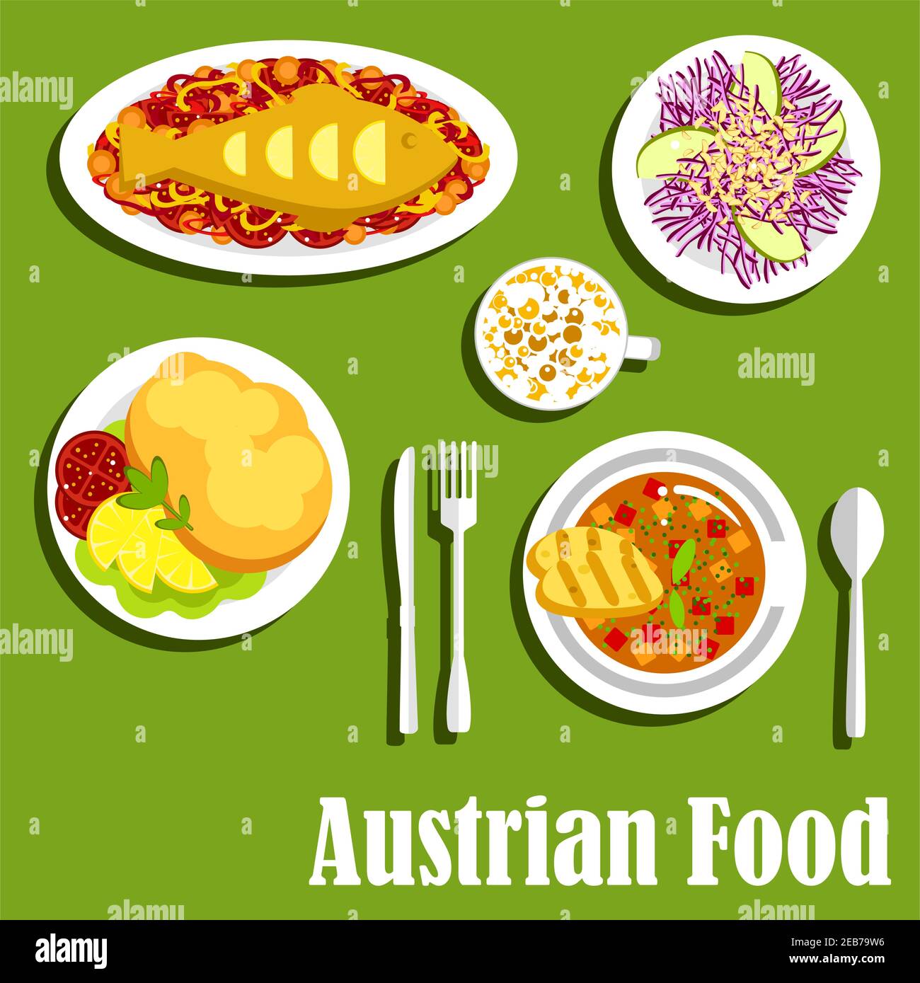 Viennese popular dishes of austrian cuisine with fish and vegetables, fluffy egg souffle, red cabbage salad with apples, goulash soup with bread and c Stock Vector