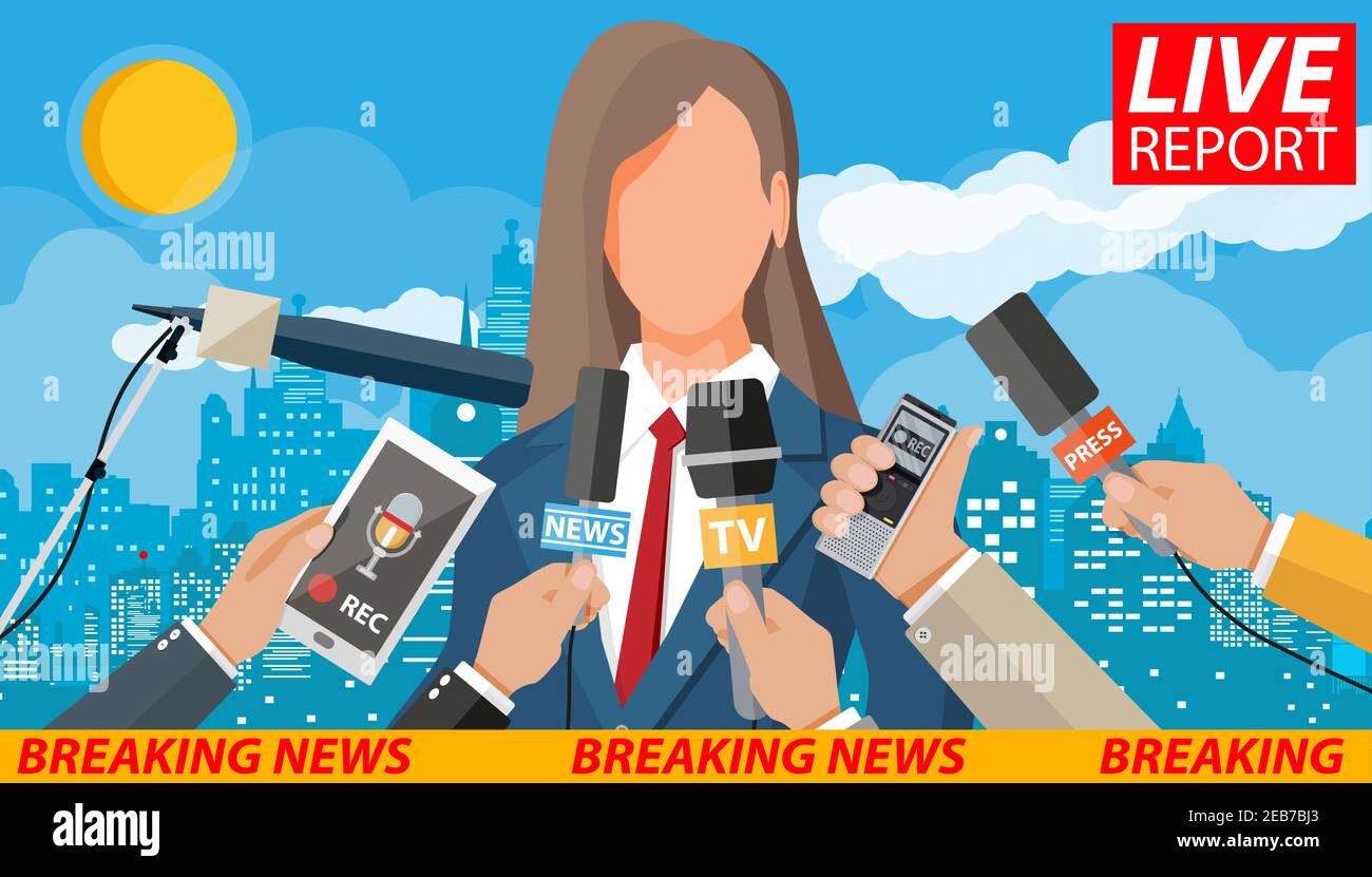 Woman public speaker. Live report. Hands of journalists with