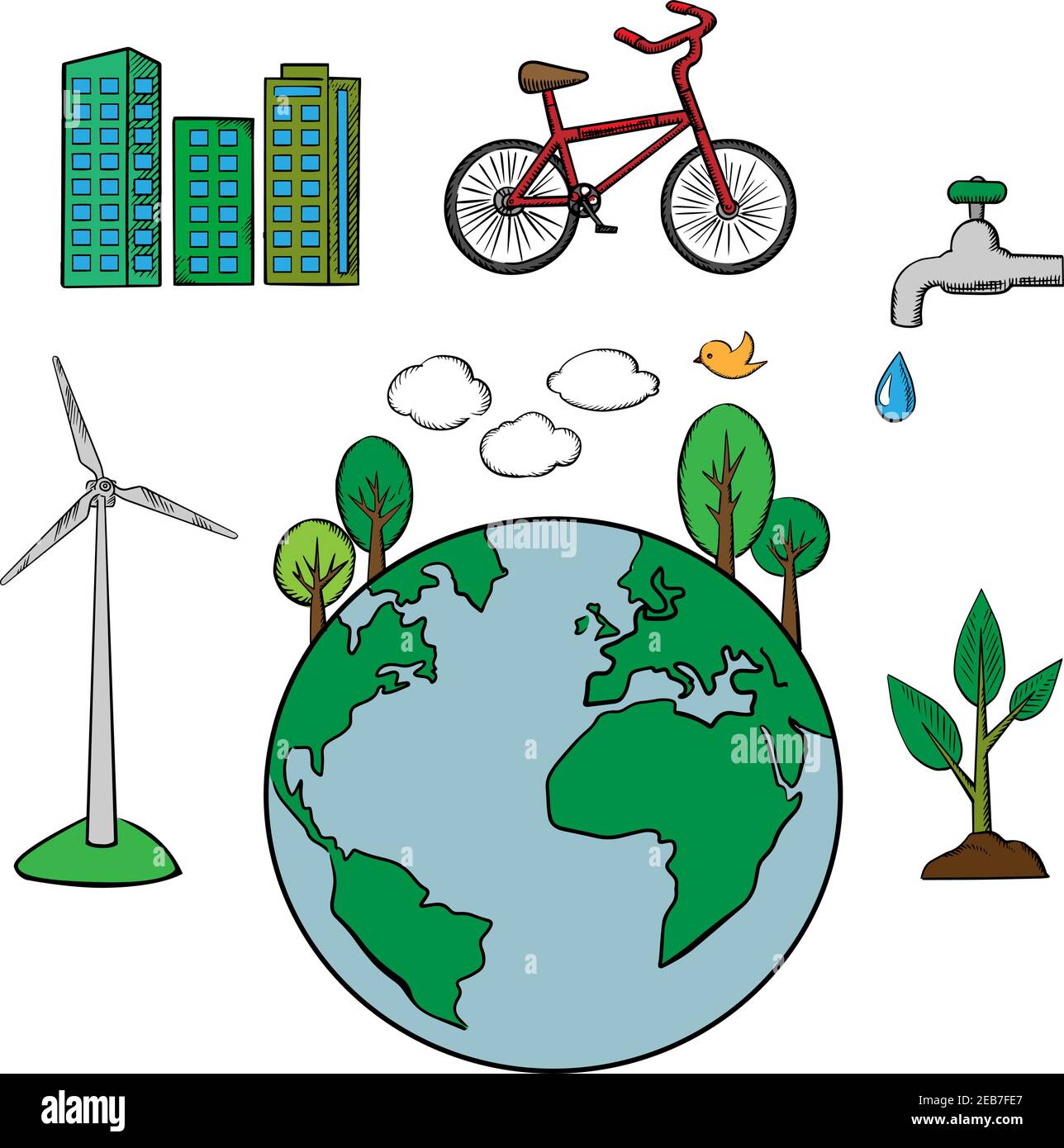 Environment and ecology icons set with eco friendly city, tree and