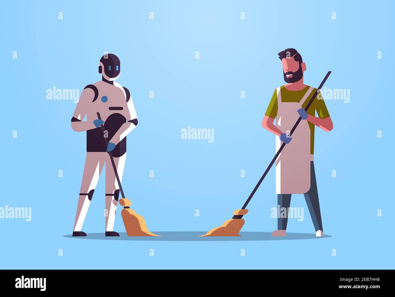 robotic janitor with man cleaner sweeping and cleaning robot vs human