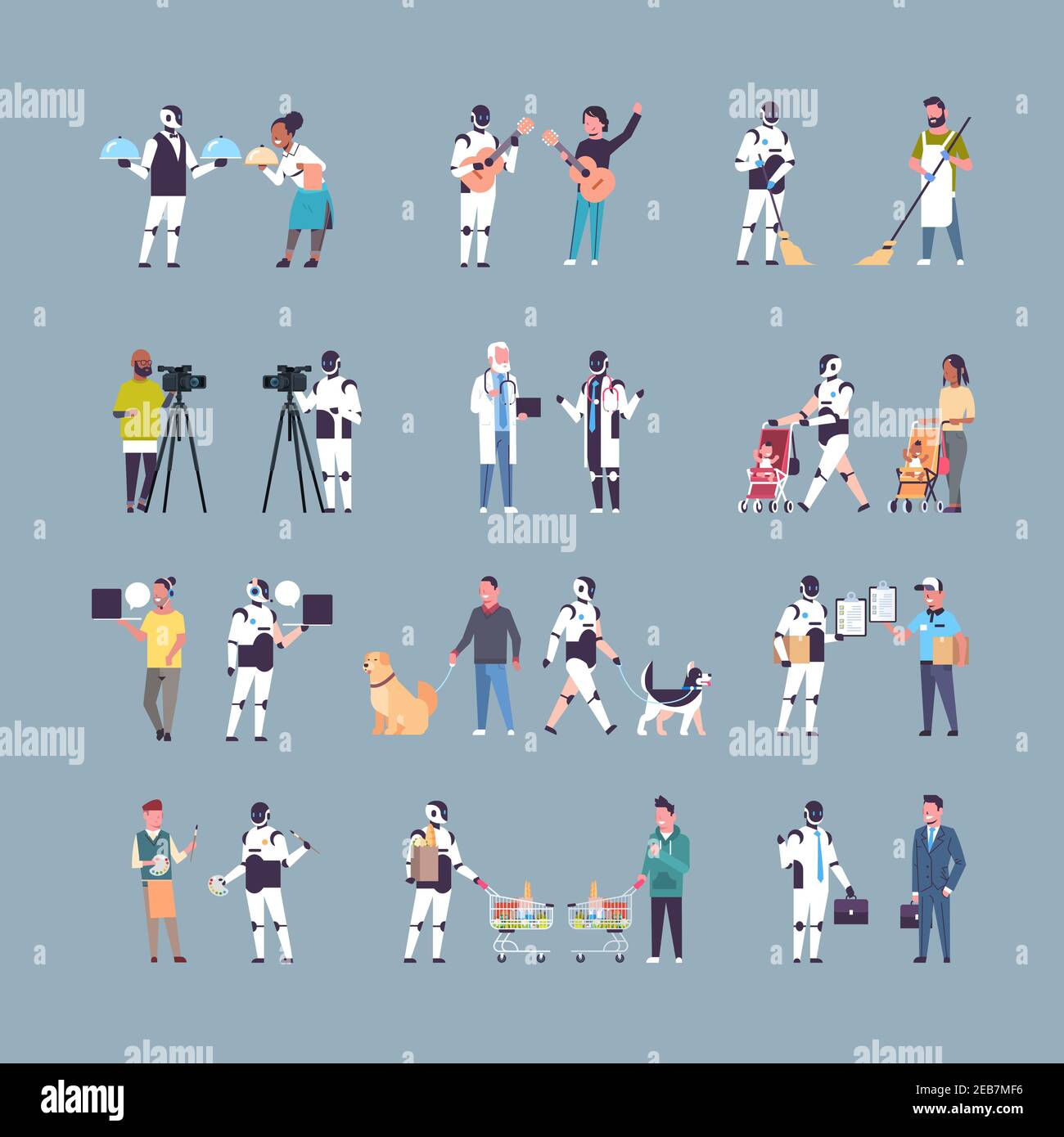 set robot and human in different situations robotic character vs people artificial intelligence technology competition concepts collection full length vector illustration Stock Vector