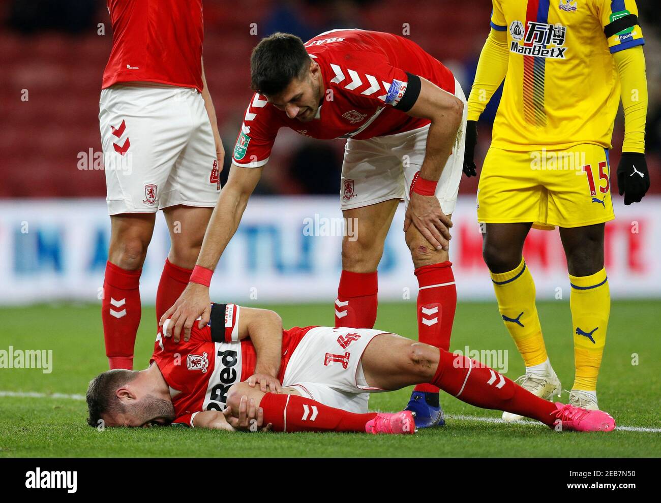 Soccer Football - Carabao Cup Fourth Round - Middlesbrough v Crystal Palace  - Riverside Stadium, Middlesbrough, Britain - October 31, 2018  Middlesbrough's Danny Batth checks on Sam McQueen after he sustained an