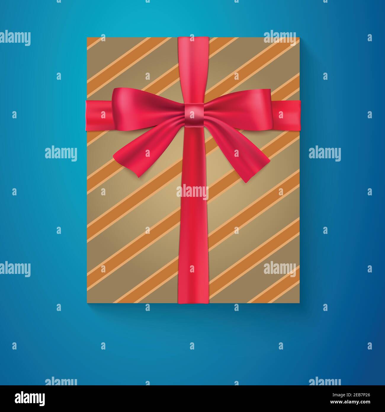 Wrapped vintage gift box with red ribbon bow. Top-down view. Stock Vector