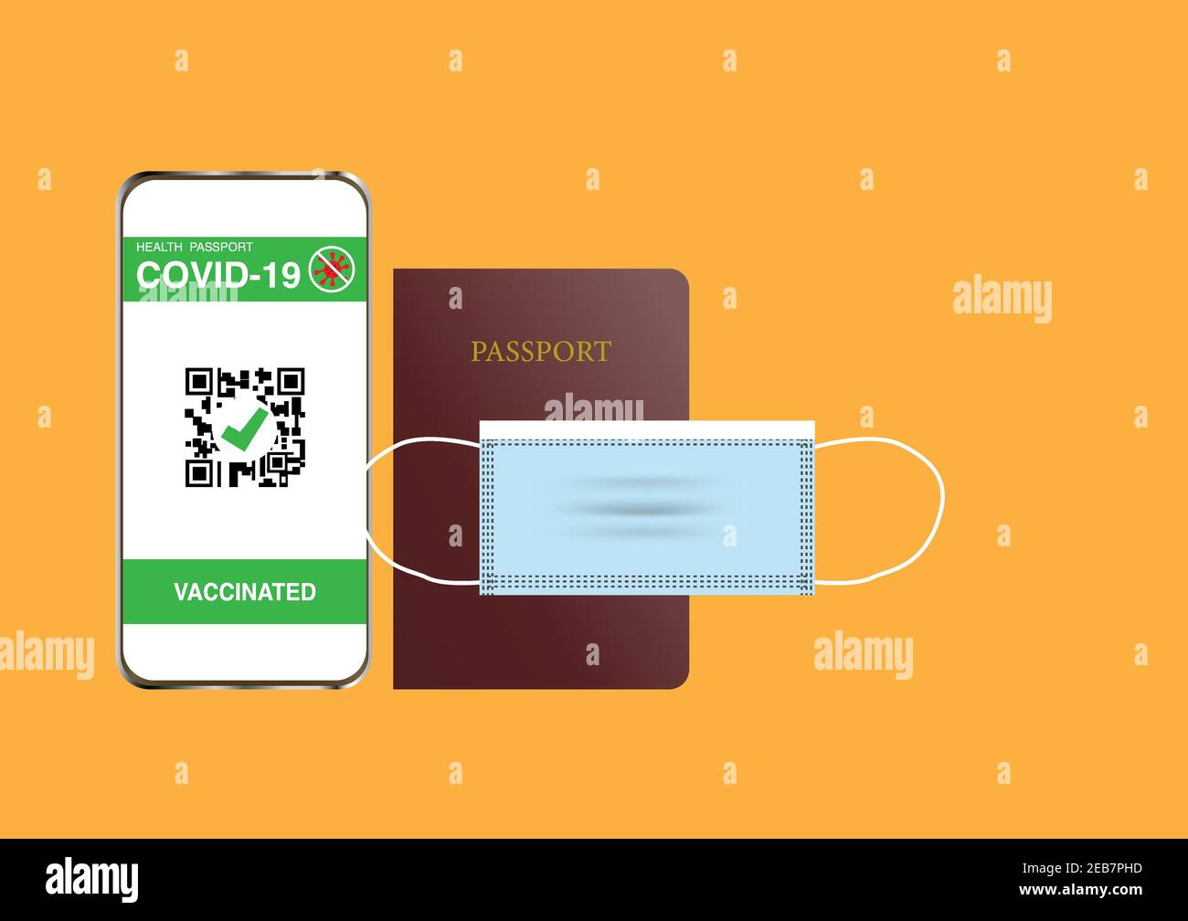 Travel in newnormal concept. Illustration of passport, digital vaccine passport identificate of covid-19 vaccination on mobile phone and face mask.Vec Stock Vector