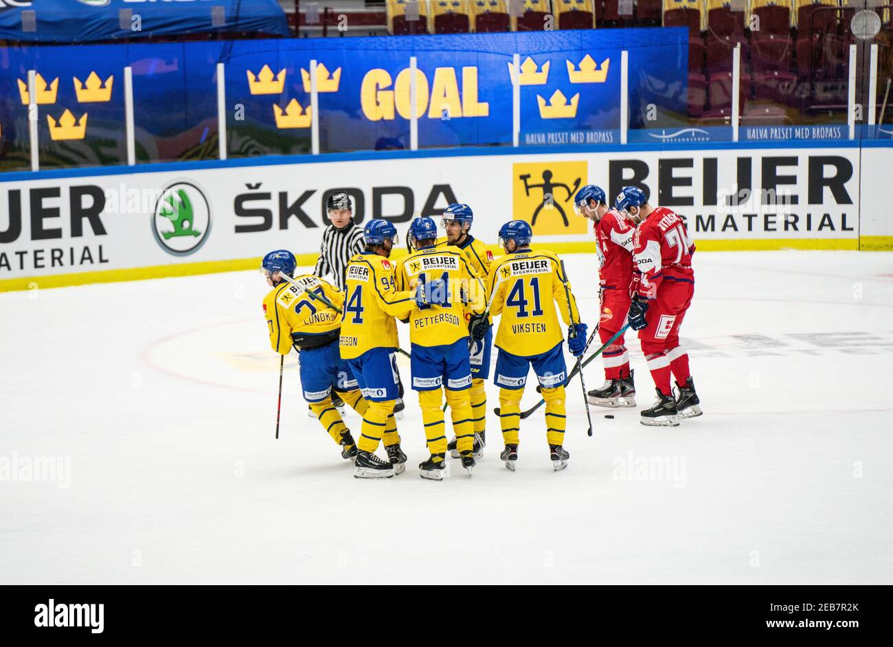 Malmoe, Sweden. 11th Feb, 2021. The players of Sweden celebrate a goal in the Beijer Hockey Games 2021 match between Czech Republic and Sweden at Malmoe Arena in Malmoe. (Photo Credit: Gonzales Photo/Alamy Live News Stock Photo