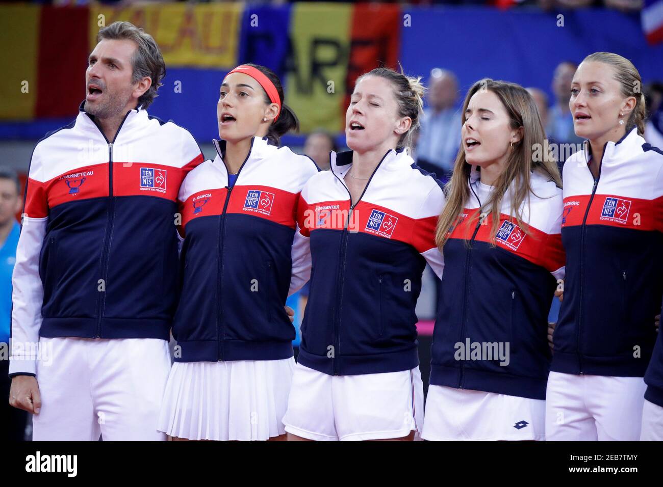 Tennis - Fed Cup - World Group Semi-Final - France v Romania - Kindarena,  Rouen, France - April 21, 2019 France captain Julien Benneteau and team  before their match REUTERS/Charles Platiau Stock Photo - Alamy
