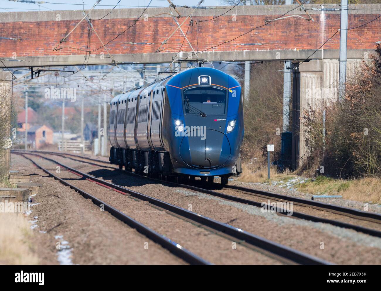 Hull Azuma trains in their new blue livery. Stock Photo