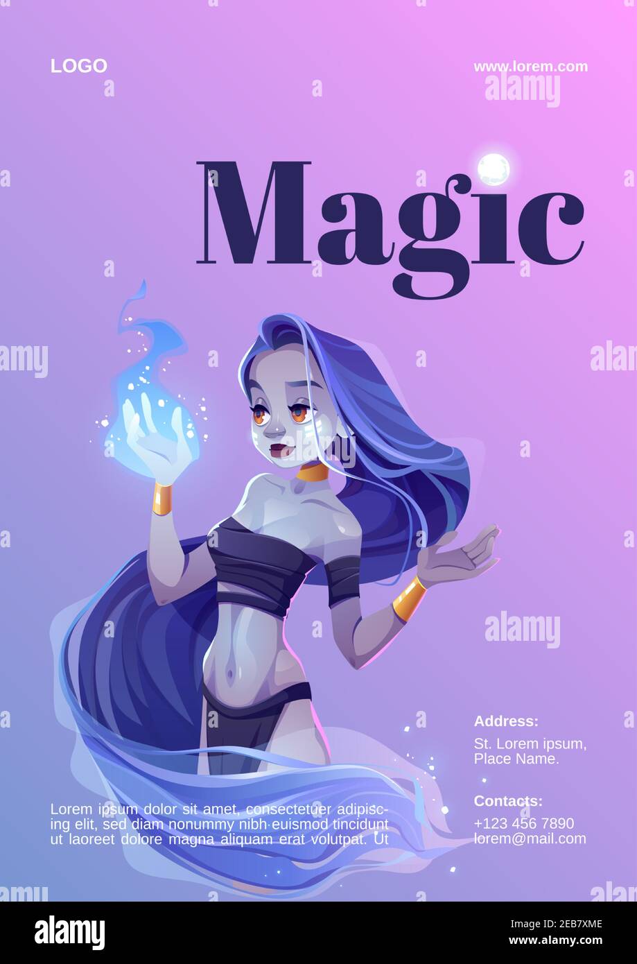 Magic show poster with mystic girl hold blue fire on hand. Vector flyer with cartoon illustration of fairytale wizard or genie woman with long hair and gold jewelry. Banner of magical performance Stock Vector