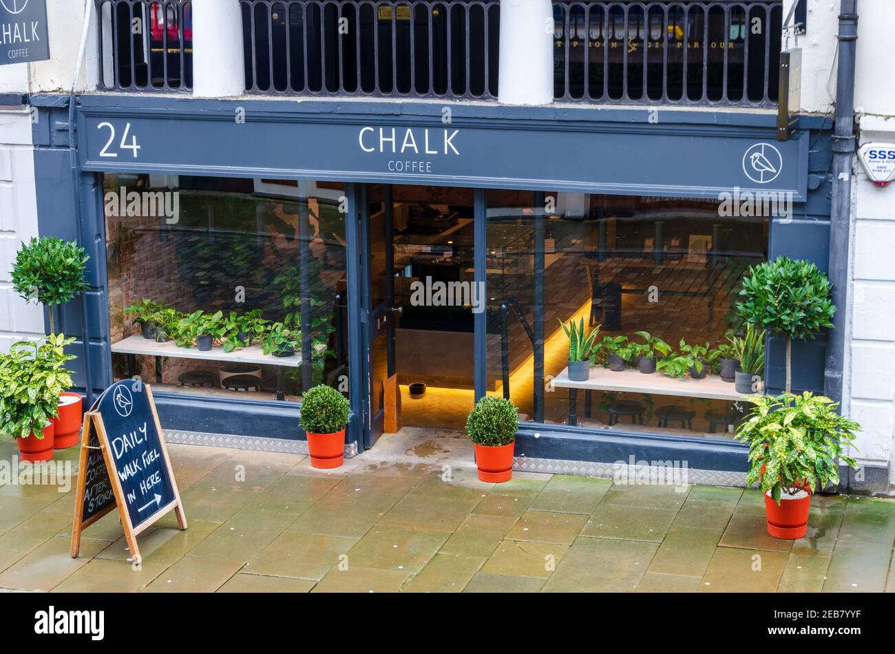 Chester; UK: Jan 29, 2021: Chalk Coffee on Watergate Street is a speciality coffee shop which is open for take away during the pandemic lockdown Stock Photo