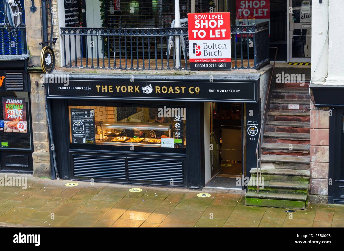 Chester; UK: Jan 29, 2021: The York Roast Co is a sandwich shop which specialises in roast meats chocolate retailer. The Chester cafe is open for take Stock Photo