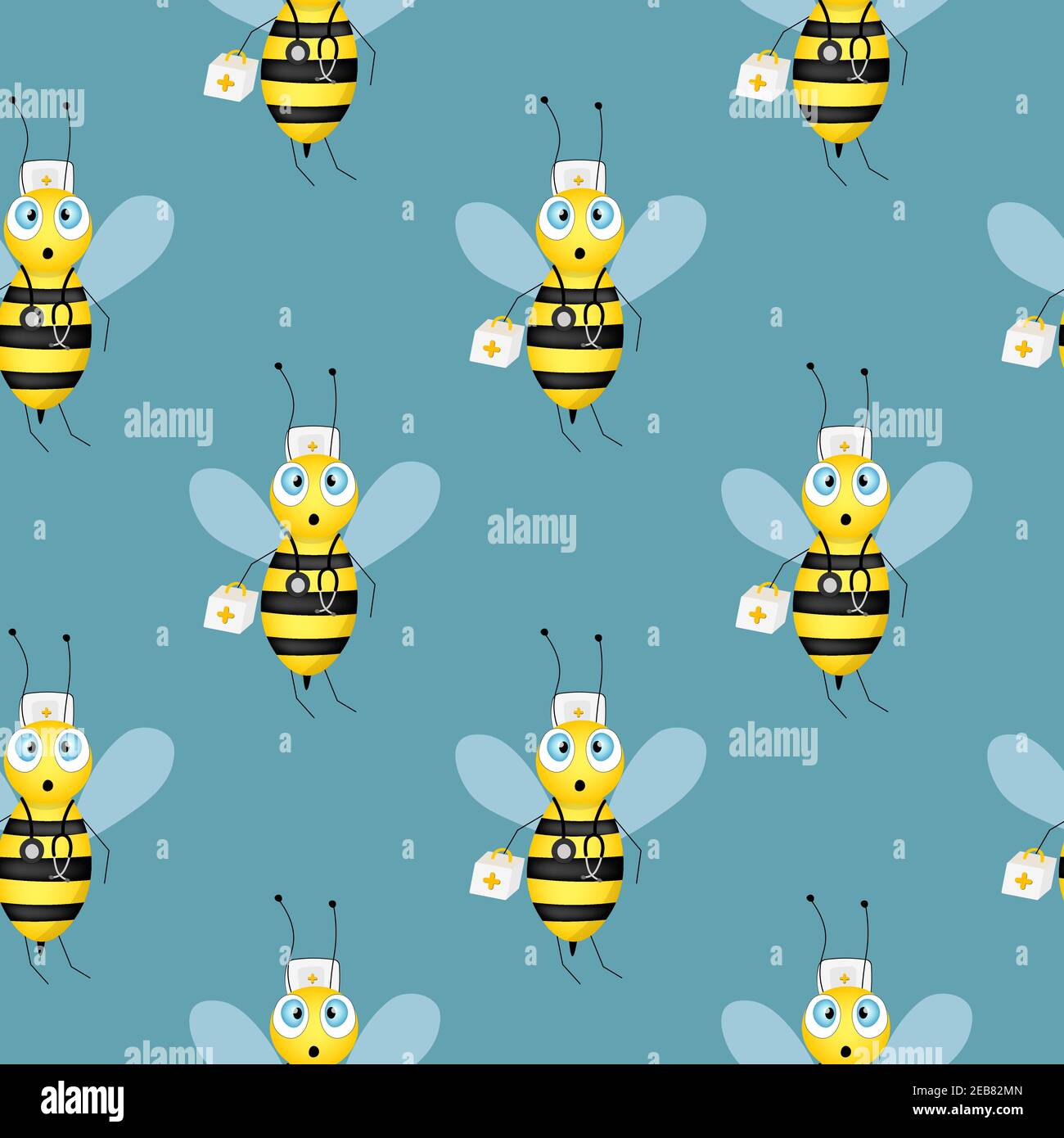 Seamless pattern with bees on blue background. Small wasp. Vector ...