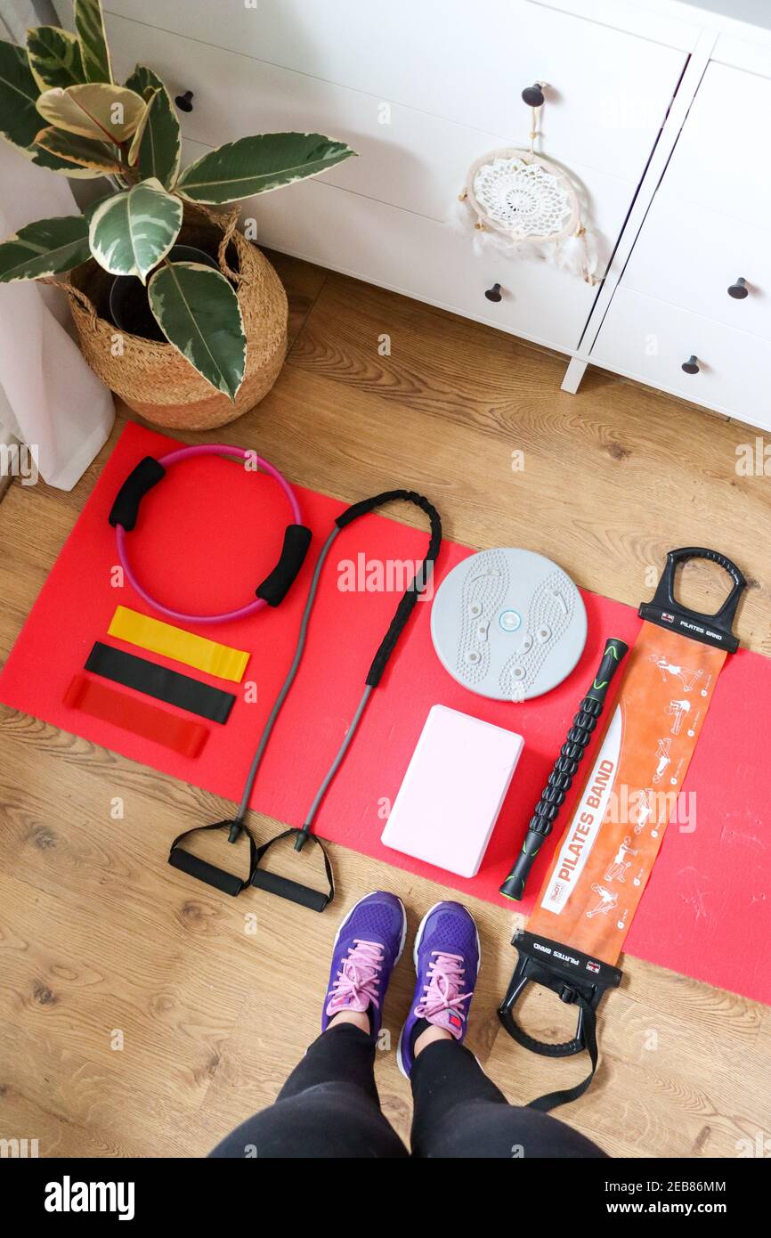 At home fitness exercise equipment, resistance bands, yoga block ...