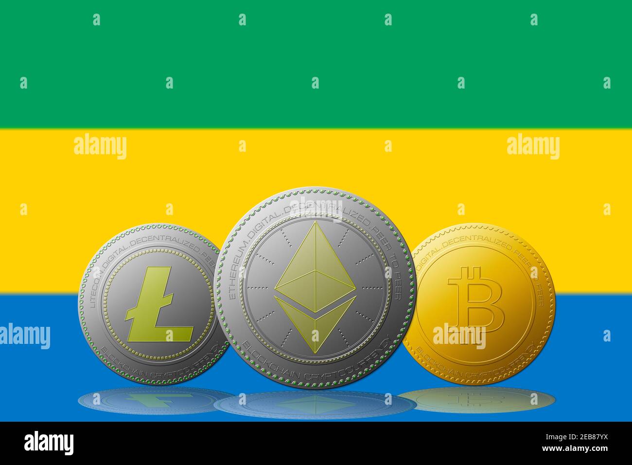 3D illustration Three cryptocurrencies Bitcoin Ethereum and Litecoin with  Hungary flag on background Stock Photo - Alamy
