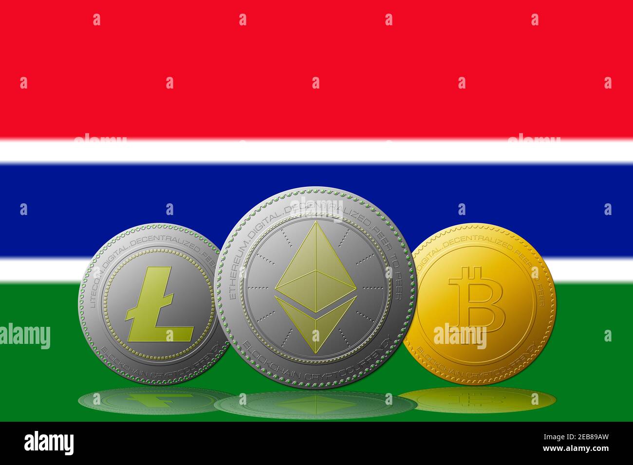 3D illustration Three cryptocurrencies Bitcoin Ethereum and Litecoin with  Gambia flag on background Stock Photo - Alamy