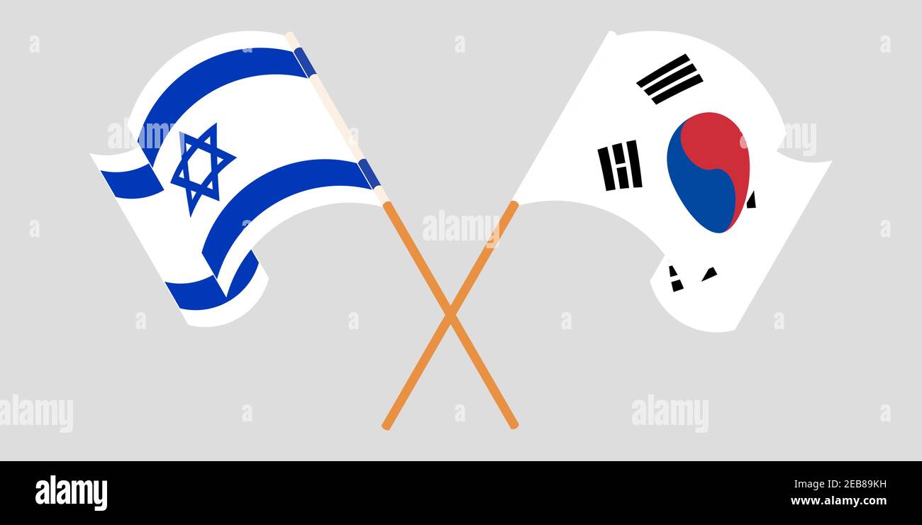 Crossed and waving flags of Israel and South Korea. Vector illustration Stock Vector