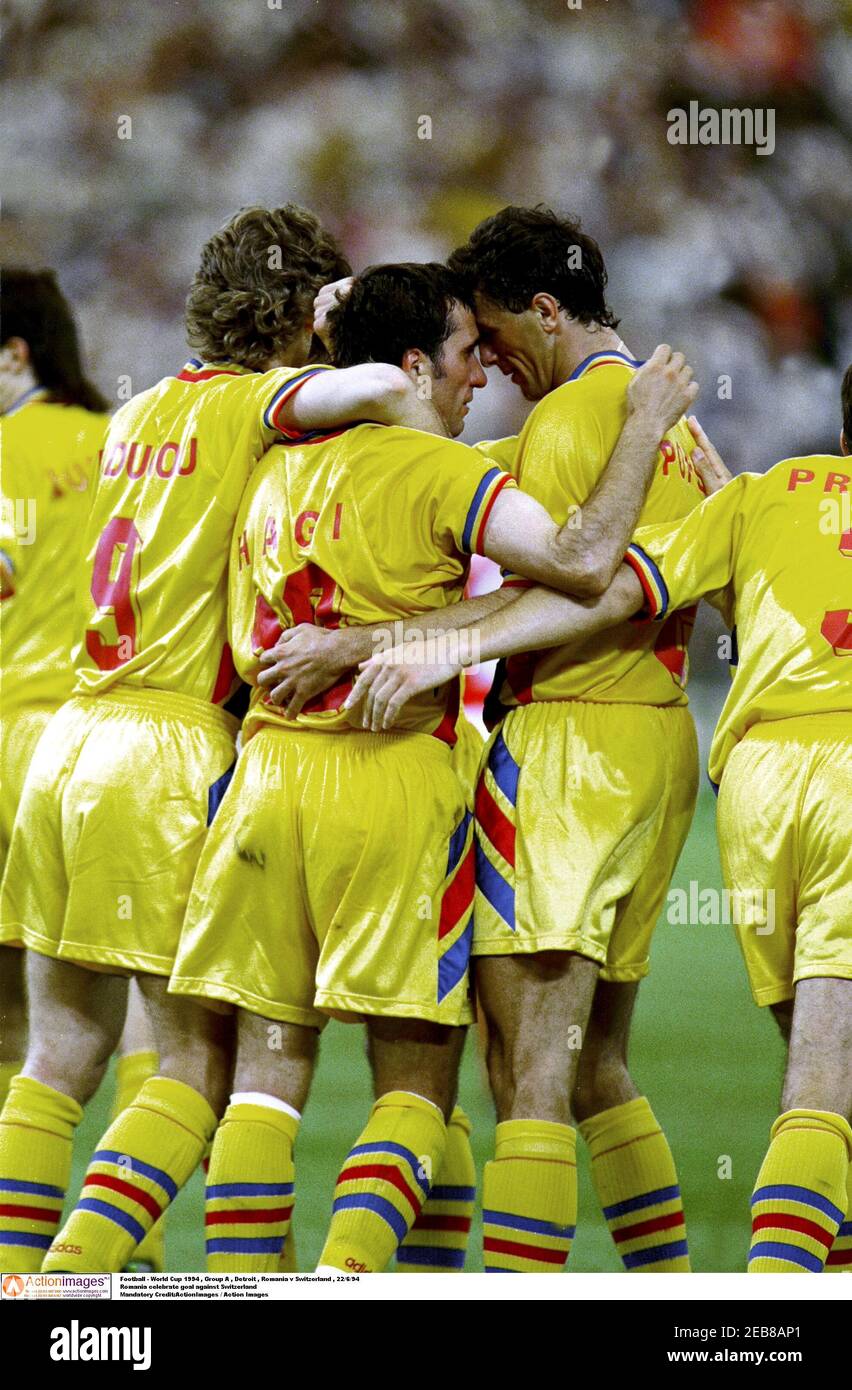 Football 1994 Fifa World Cup Group A Romania V Switzerland Pontiac Silverdome Detroit 22 6 94 Romania Celebrate Goal Against Switzerland Mandatory Credit Actionimages Action Images Stock Photo Alamy