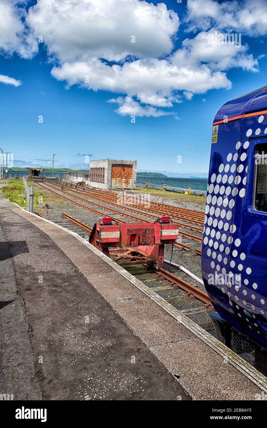 View looking towards the end of the railway line from Ayr at Stranraer Harbour station in summer 2019 Stock Photo