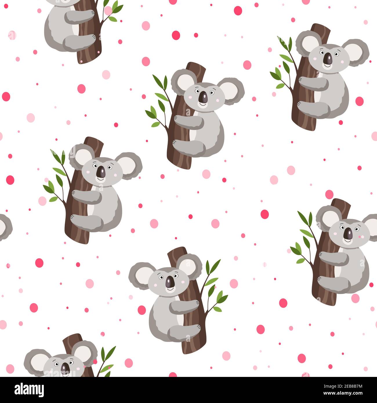 Seamless pattern with cute koala baby and hearts on white polka dots ...