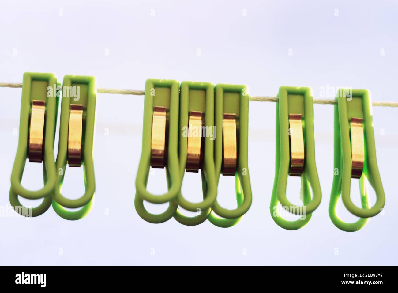 laundry clothespins of green plastic, metal clamping. hanging on