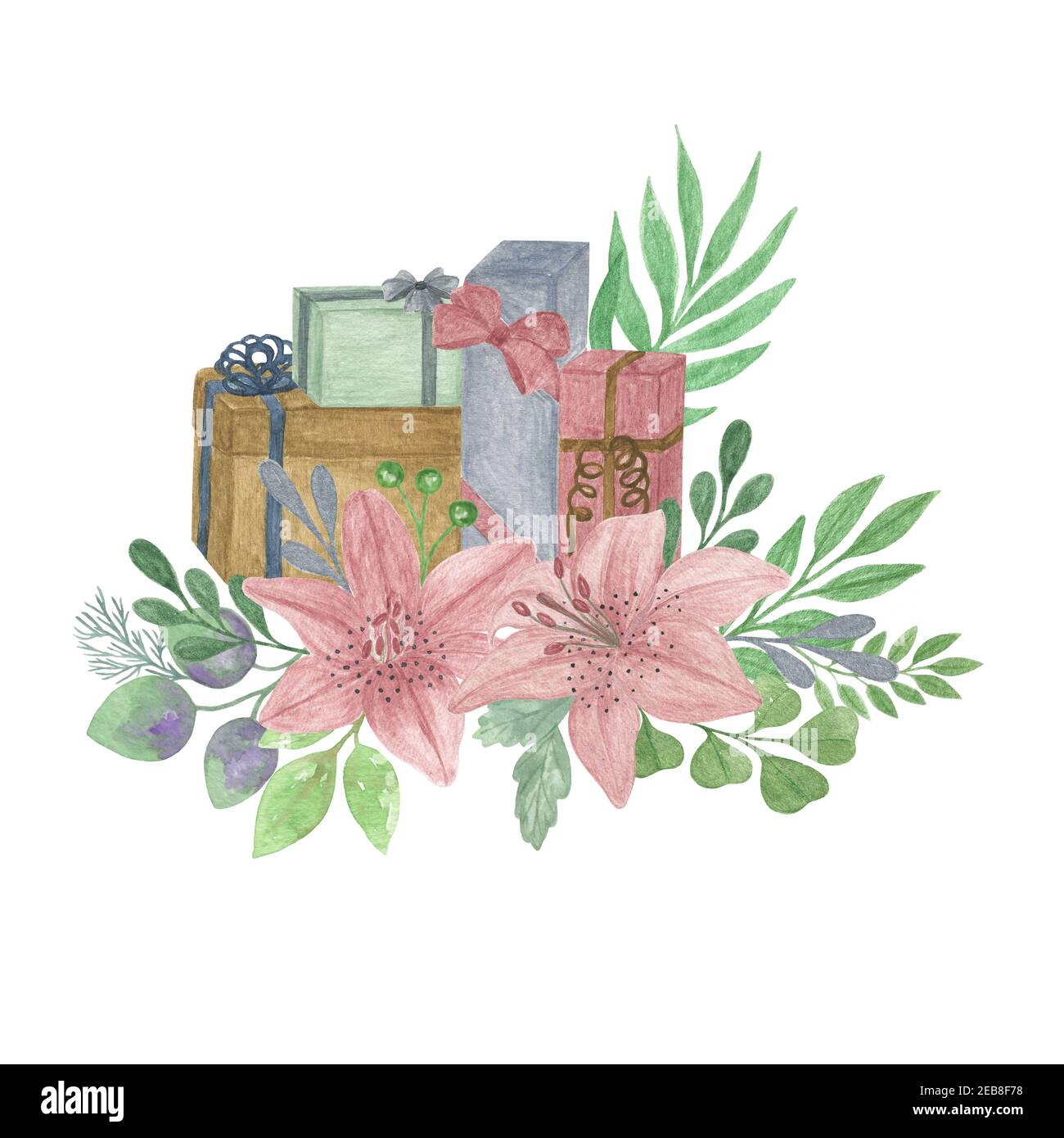 Pink lily flowers, gift boxes, green leaves decorative floral