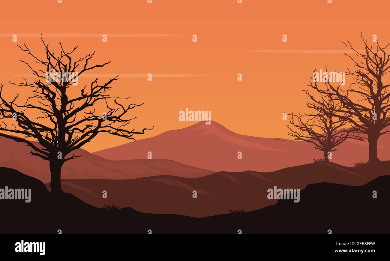Pdusk Vector Realistic mountain views with panoramic views of the trees at dusk ...