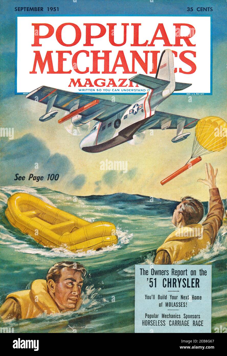 Vintage front cover of Popular Mechanics magazine for September 1951, featuring an air-sea rescue illustration. Stock Photo