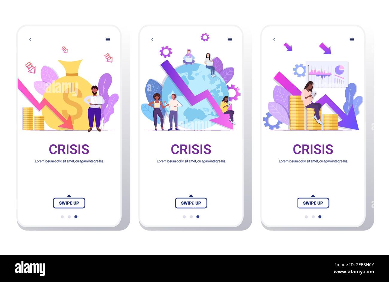 set businesspeople frustrated about financial crisis bankruptcy investment risk concept mix race colleagues brainstorming stopping falling down arrow smartphone screens collection horizontal vector illustration Stock Vector