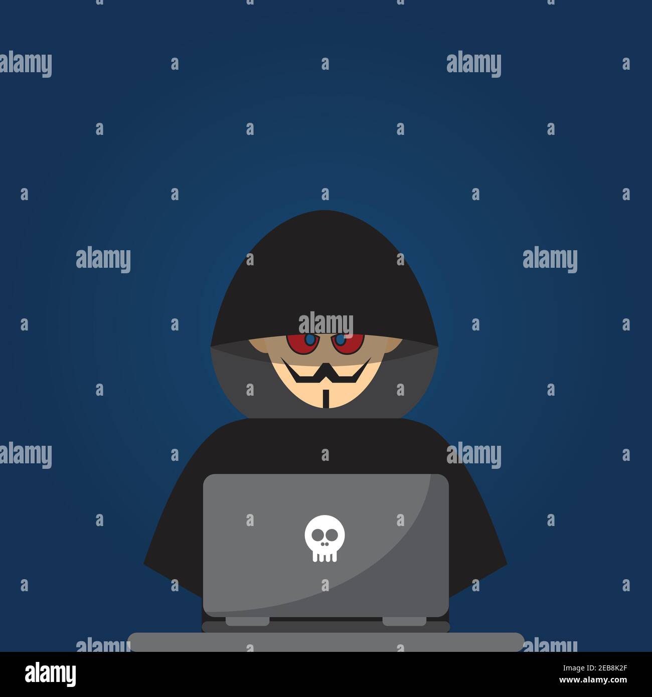 Hacker dressed in black in front of a laptop Stock Vector