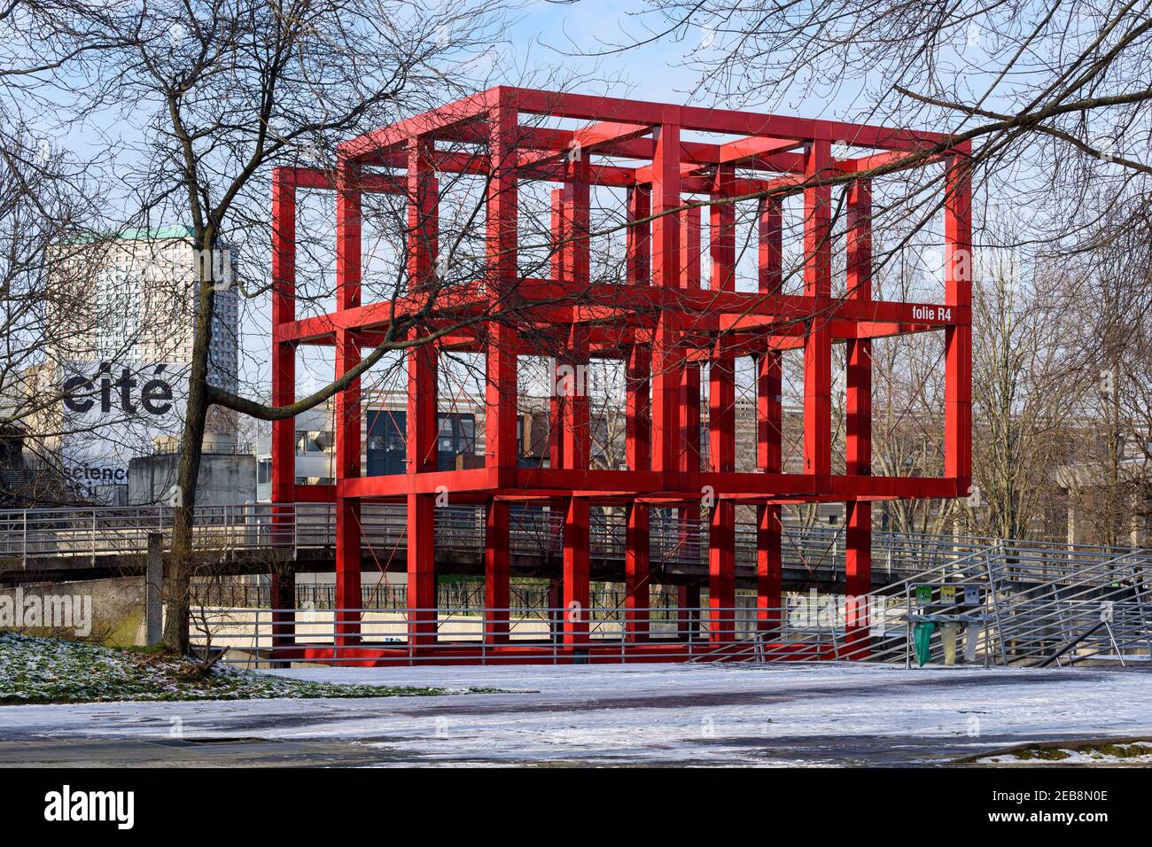 The 'R4 Folie' is one of the 26 bright red metal structures called 'folies' scattered throughout the Parc de la Villette in Paris 19th. Stock Photo