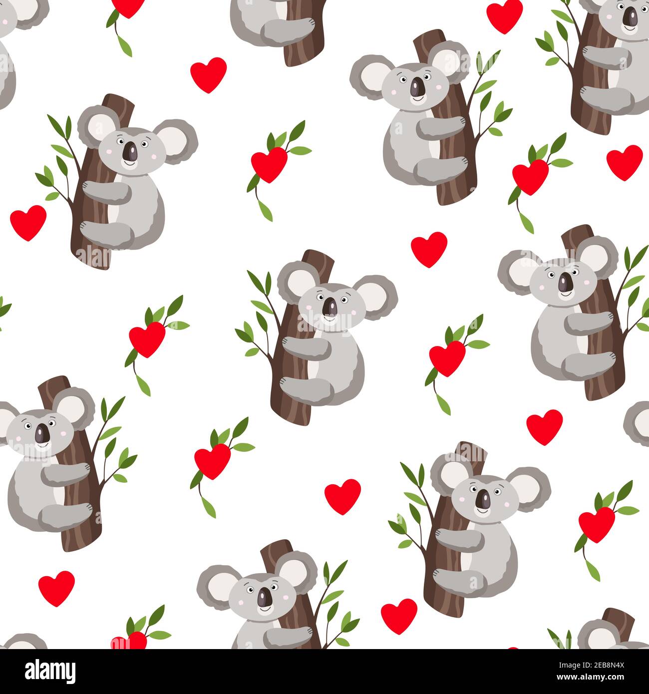Seamless pattern with cute koala baby and hearts on white background ...
