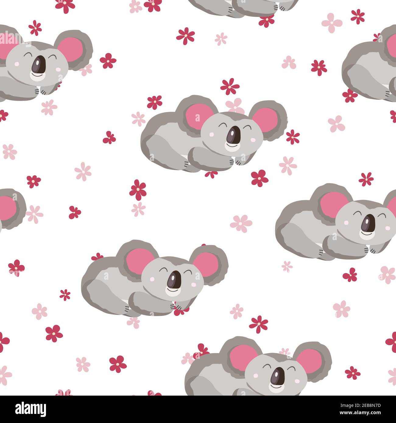 Seamless pattern with cute koala baby and flowers on light background ...