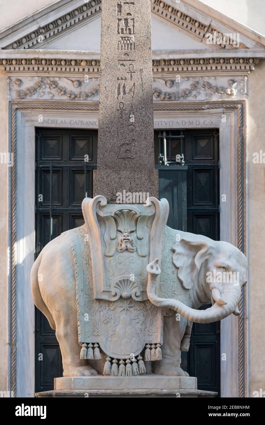 Elephant and Obelisk, designed by the Italian artist Gian Lorenzo Bernini. It was unveiled in 1667 in the Piazza della Minerva in Rome, adjacent to th Stock Photo