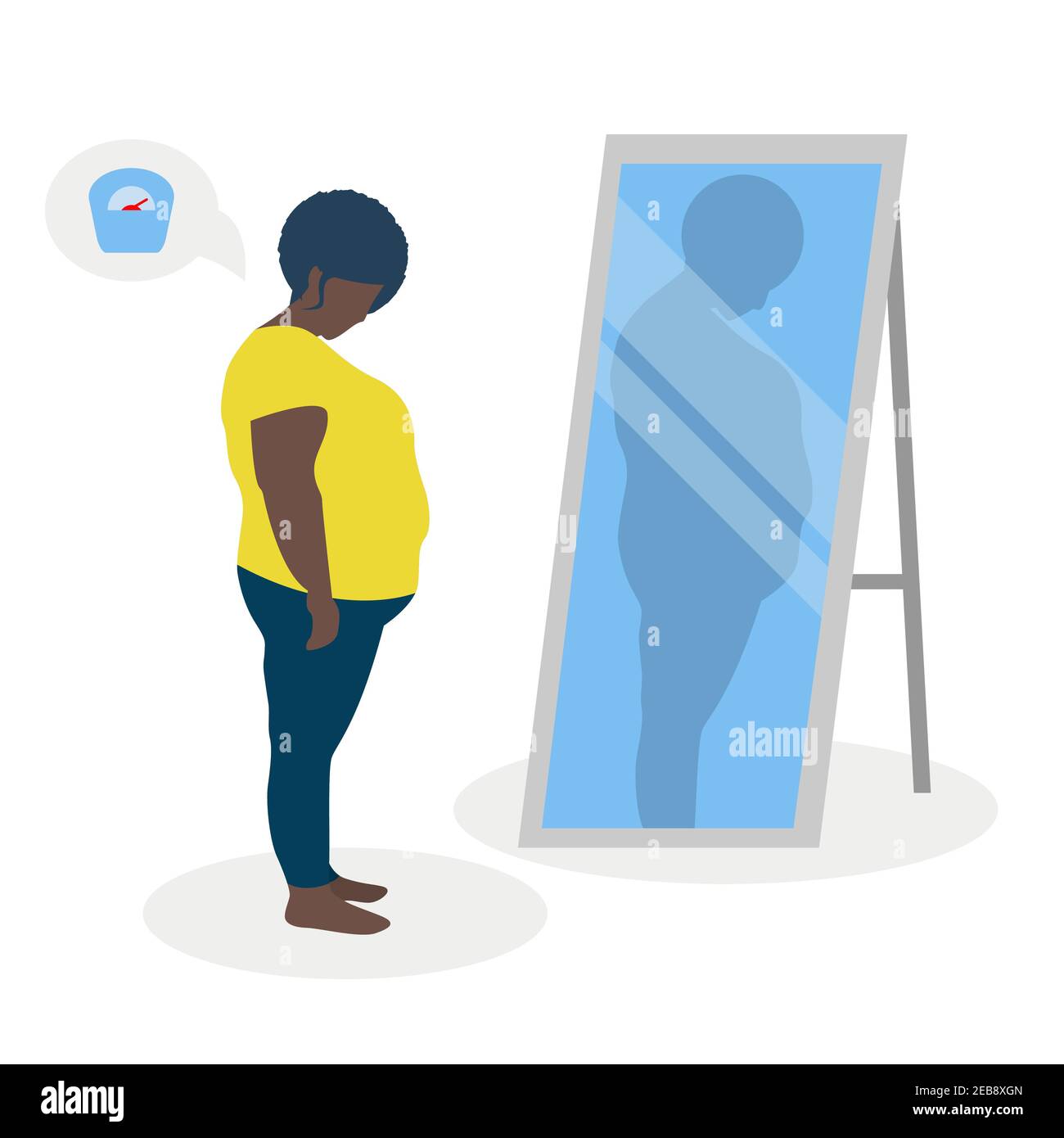 Flat vector illustration of a black fat girl with low self-esteem standing in front of a mirror. The girl looks into her distorted reflection. Stock Vector