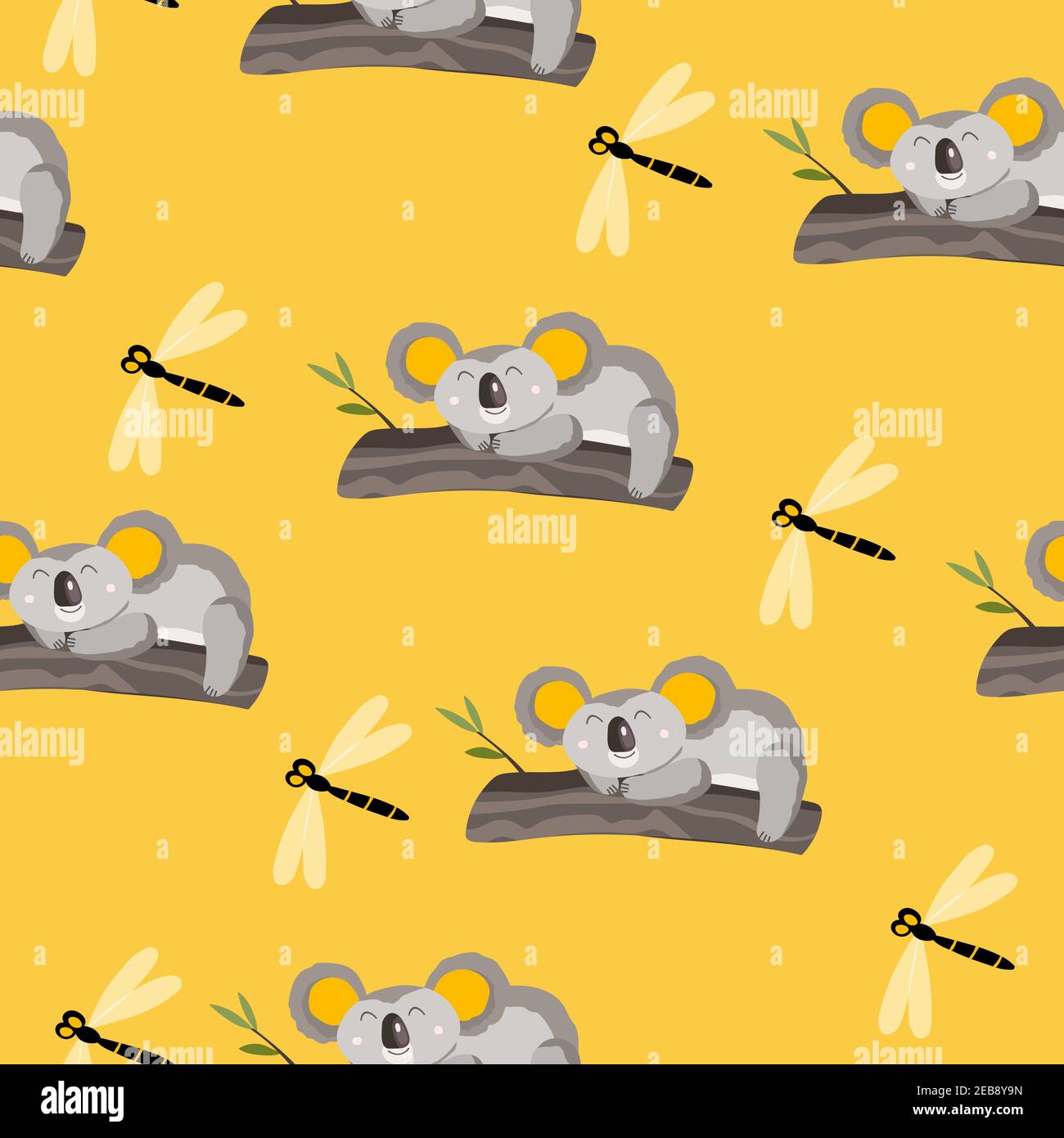 Seamless pattern with cute koala baby and dragonfly on color background ...
