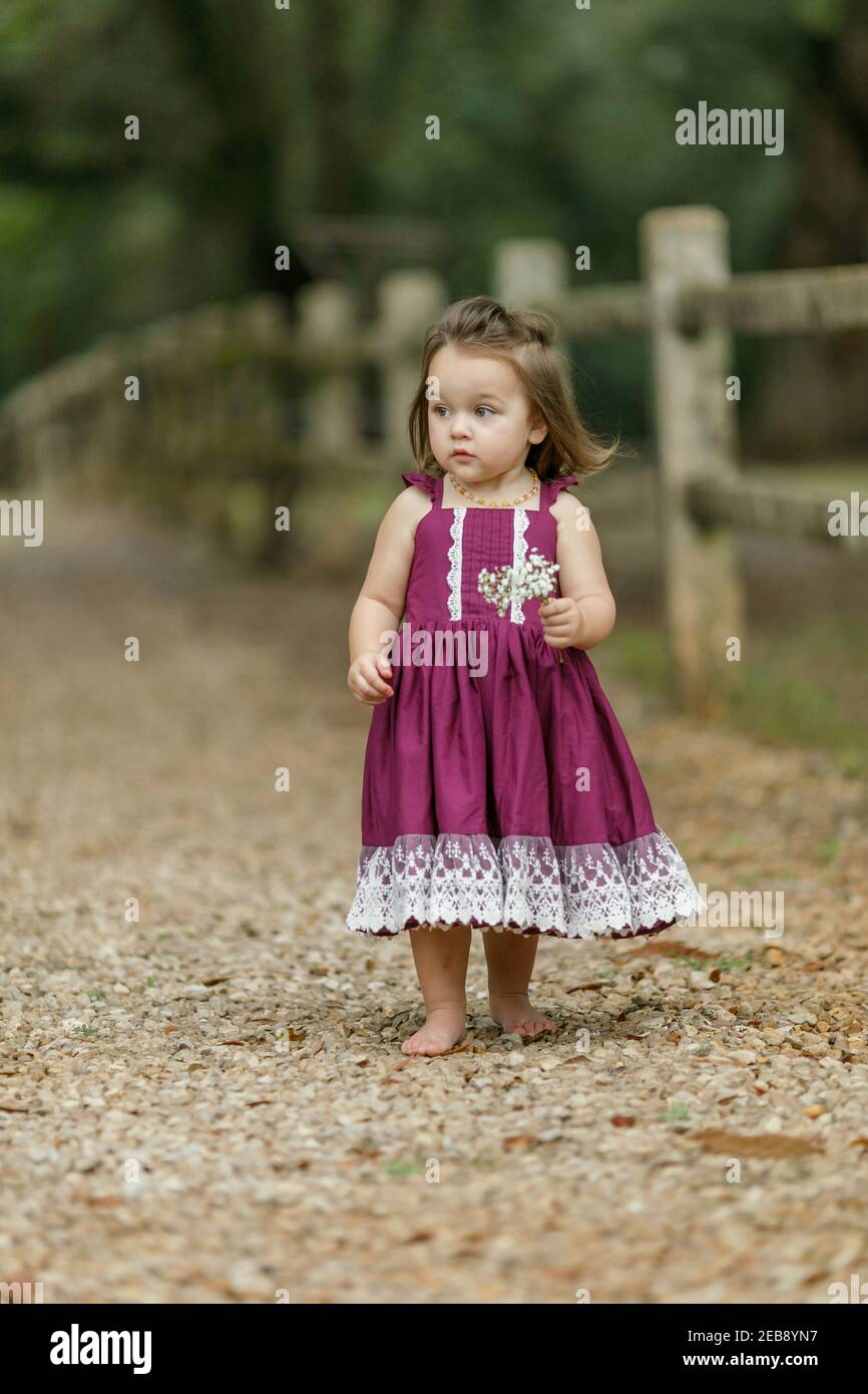 Beautiful two year old girl with a purple dress running and jumping with happiness Stock Photo